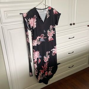 🖤 🌺 Black Midi Dress with Pink Floral Print